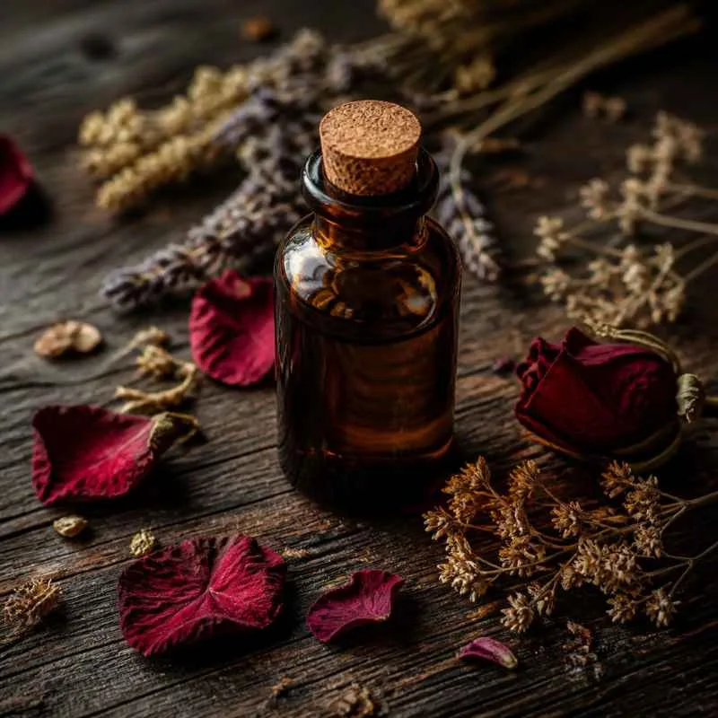FEATURED ID Boccetta di vetro ambrato chiusa con tappo di sughero petali di rosa rossa e rametti di erbe secche intorno appoggiata su legno scuro
