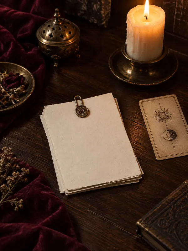 Piccole schede bianche, fermacarte e carta simbolica per organizzare gli appunti.