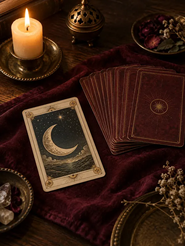 Una carta con la luna accanto a un mazzo di carte coperte.