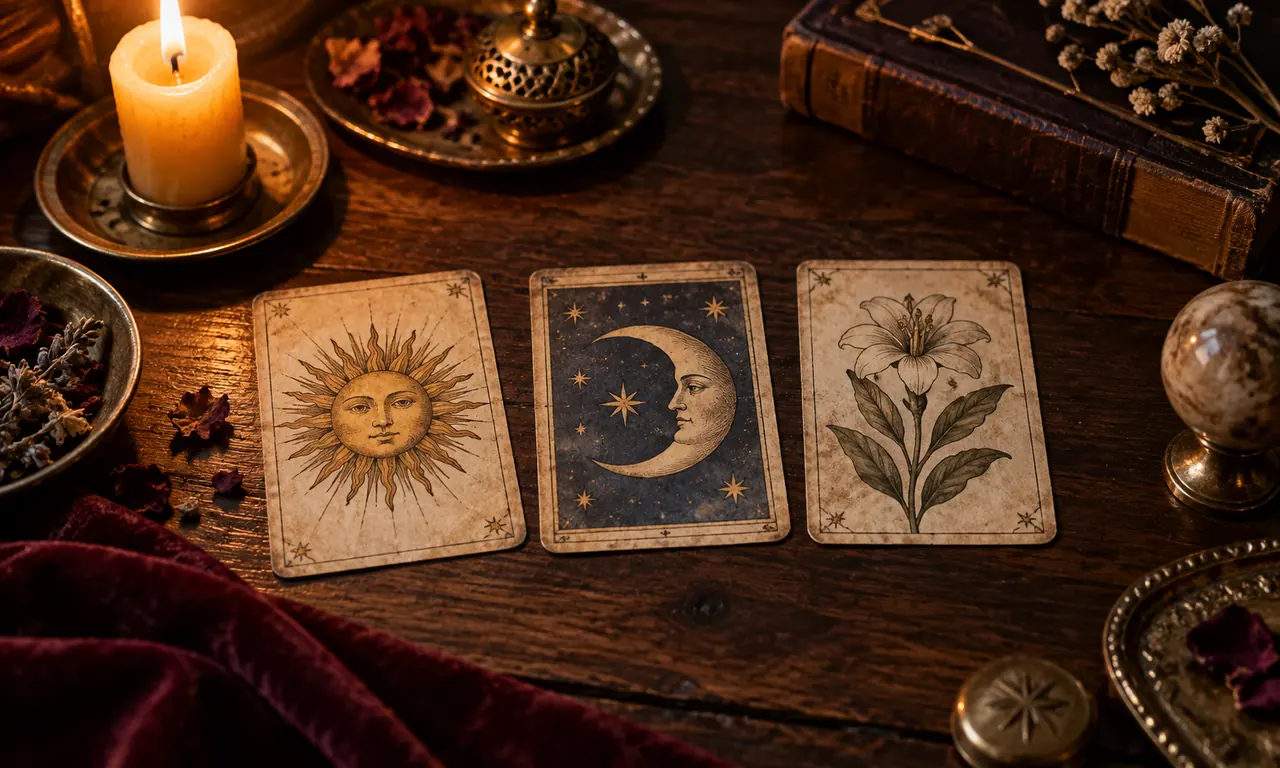 Tre carte illustrative con sole, luna e motivo floreale.