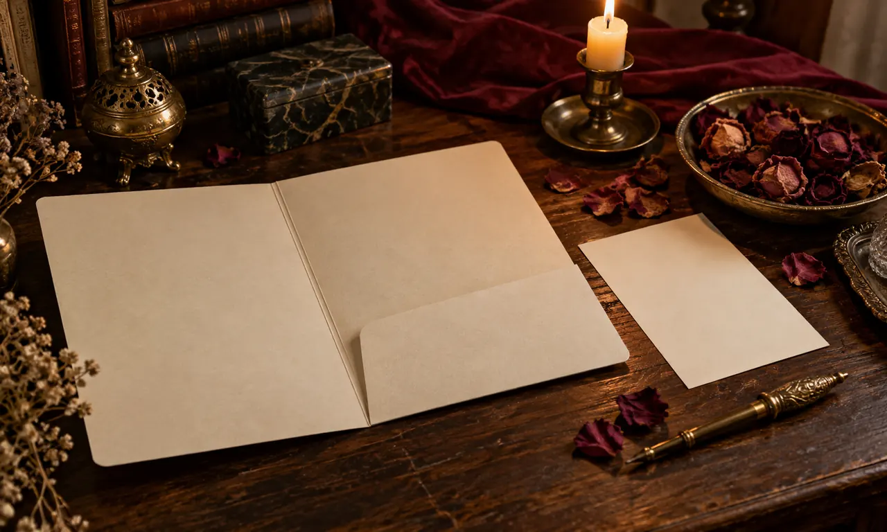 Cartella di carta aperta con foglio bianco e petali secchi.