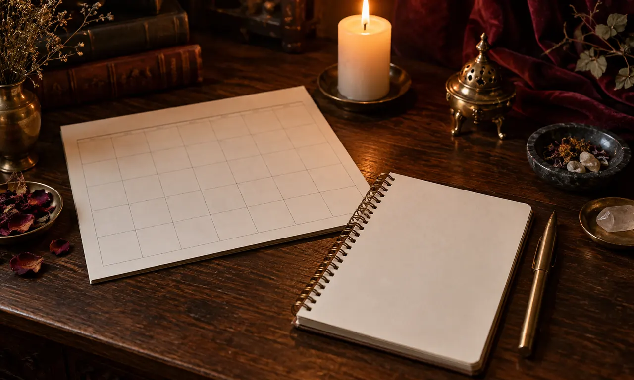 Calendario senza scritte e quaderno accanto a una candela.
