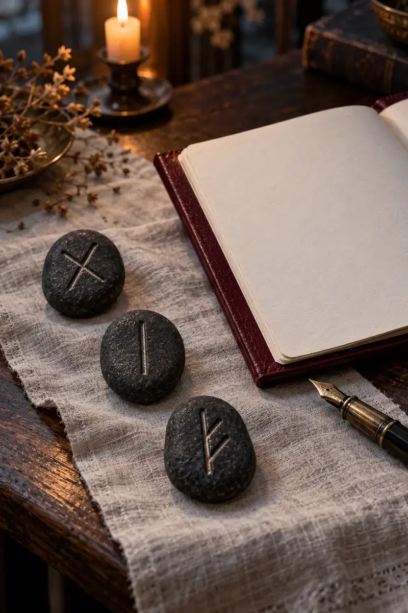 Tre pietre e un quaderno per illustrare una disposizione simbolica a tre rune.